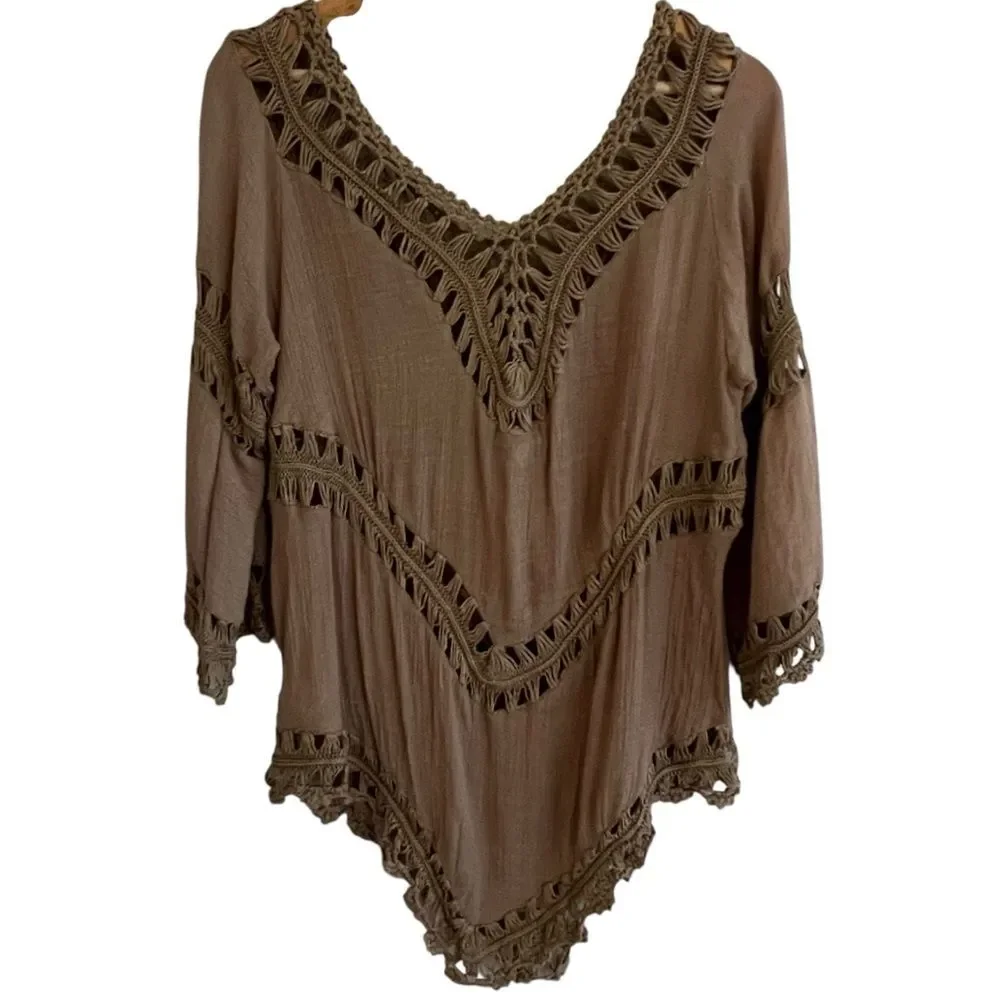 Active USA Womens Boho Crochet Coverup Top Size M/L Hippie Beach 70s Festival